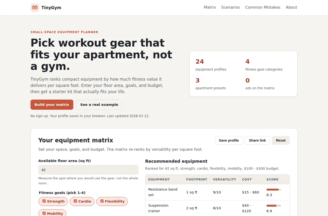 Screenshot of TinyGym: Small-Space Workout Equipment Matrix interface showing the project page in use